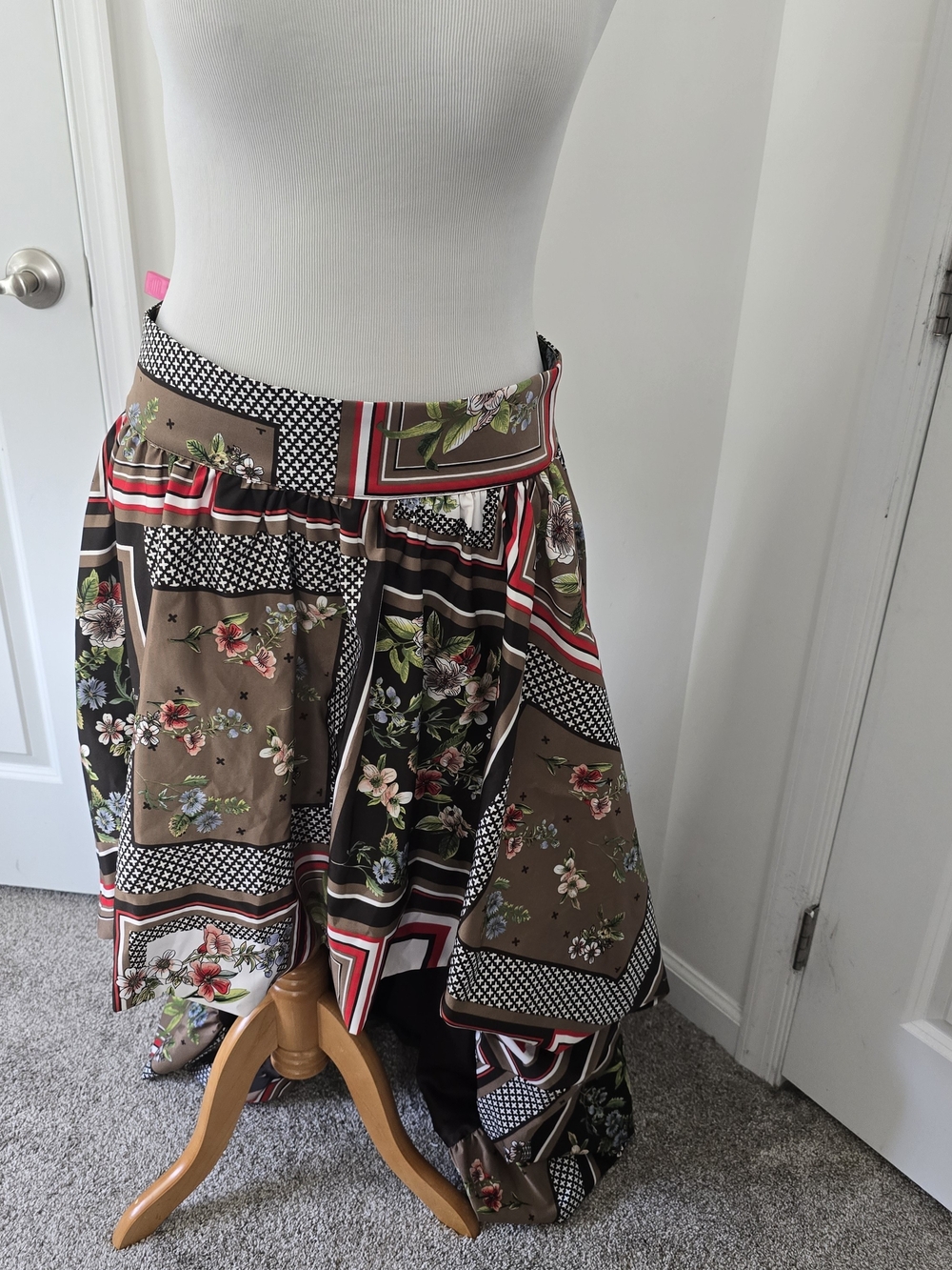 NY&C Printed Mixed-Pattern Skirt Brown, Black, White with Red Stripe